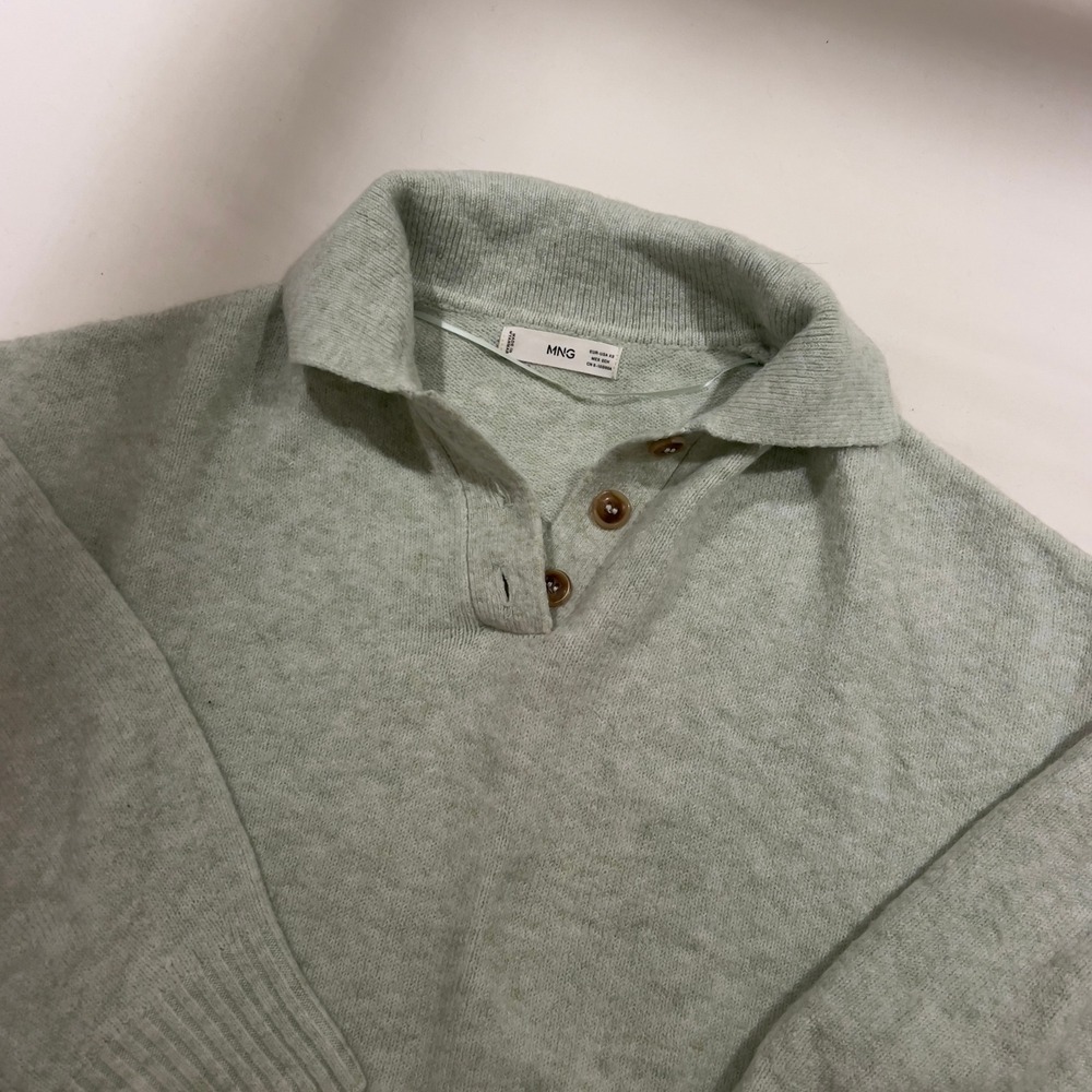MNG Light Green Collared Button Neck Sweater Long Sleeve Casual Women's XS